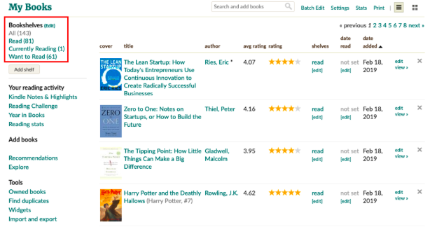 Screenshot showing the Goodreads interface: read, currently reading, and want to read