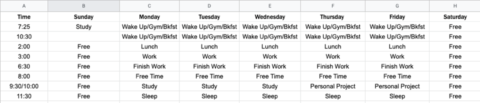Example of a Sunday-Saturday learning schedule created in Excel