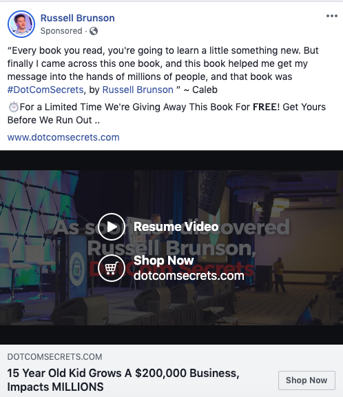 Facebook ad from Russel Brunson that uses a testimonial