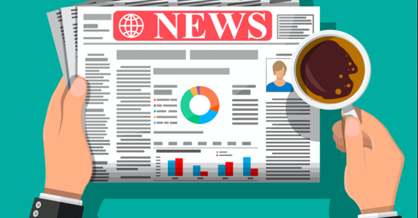 Cartoon of someone with a cup of coffee reading a newspaper